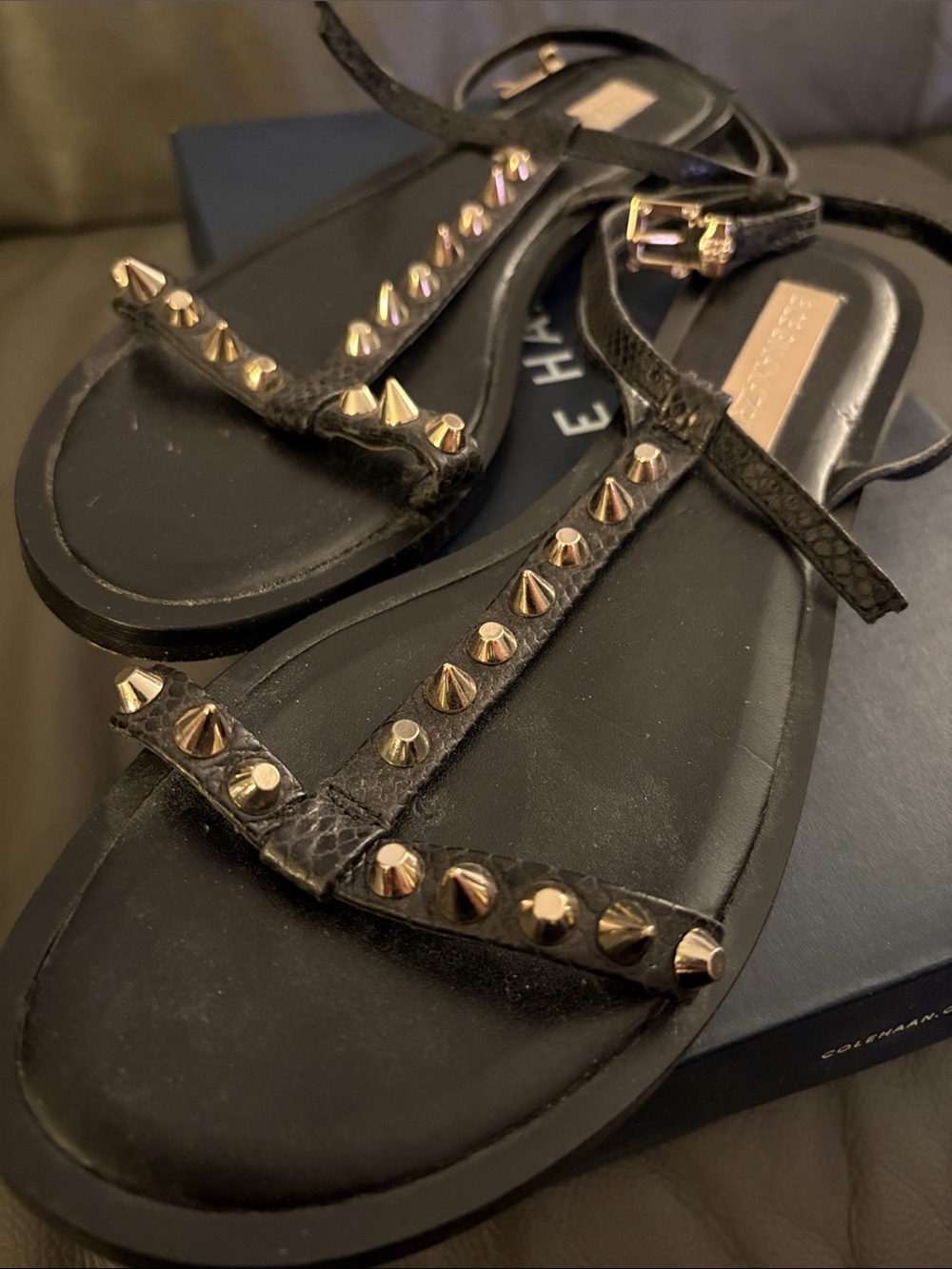 BCBGMaxAzria Black Studded T-Strap Sandals
